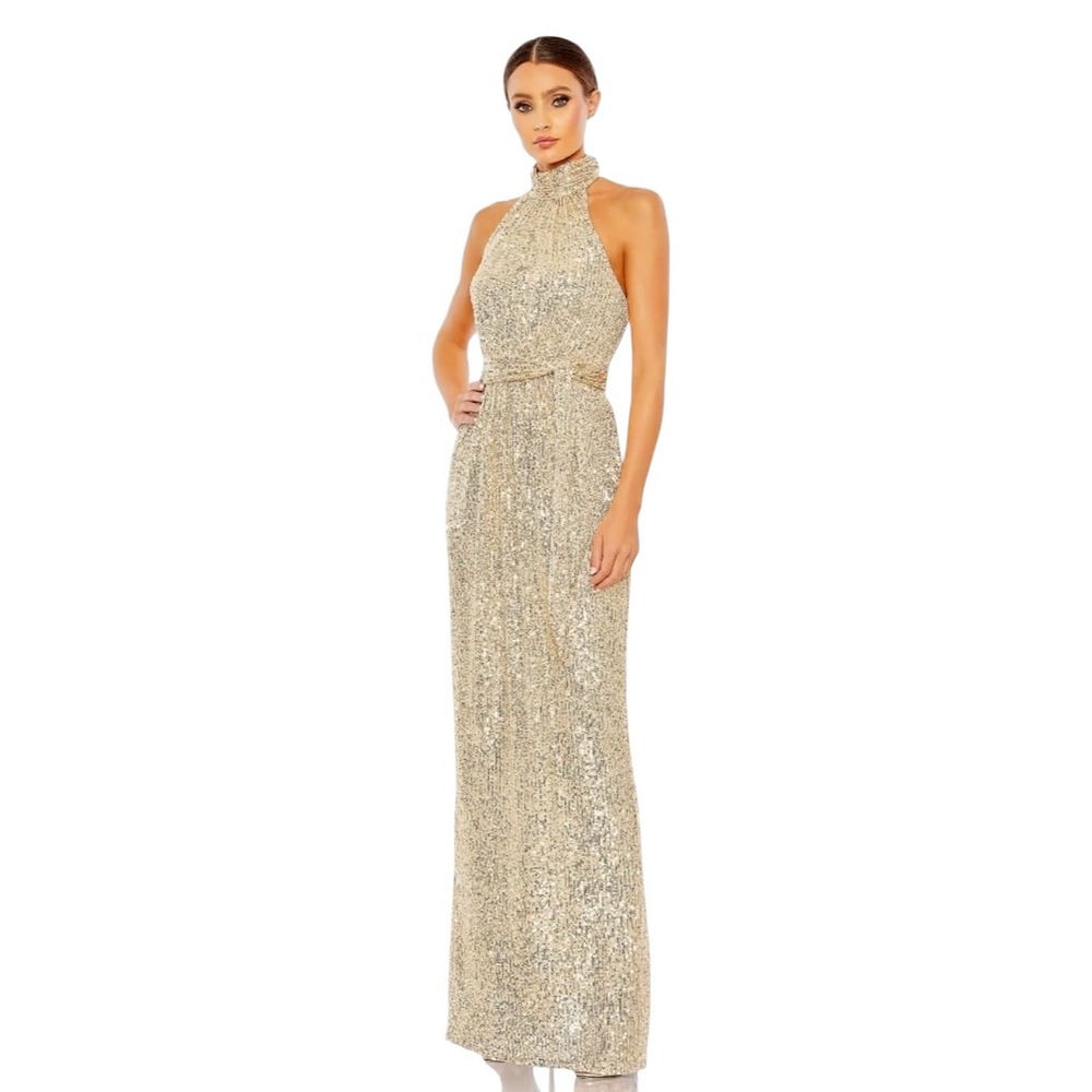 Mac Duggal 11281‎ Champagne Sequined Halter Neck Belted Tie Dress Size 4 $298